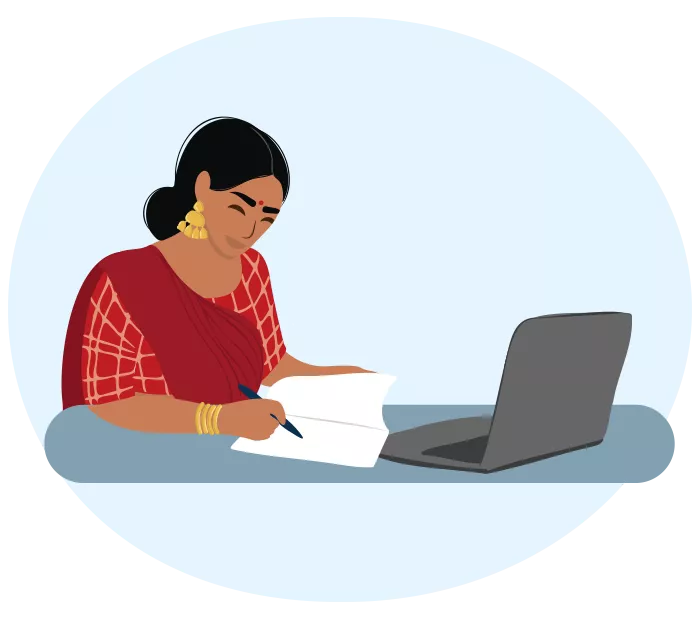 Illustrationm of an educator working at a laptop