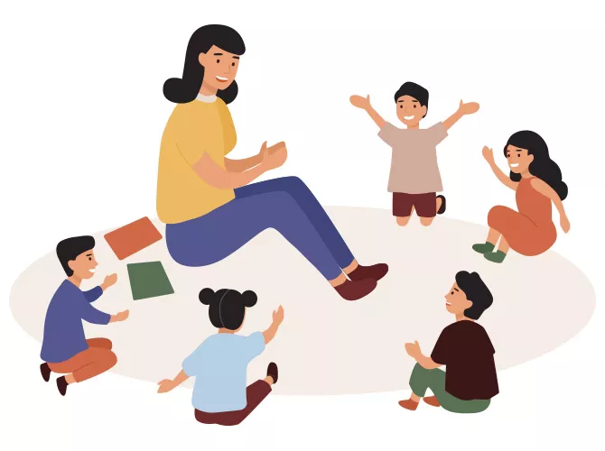 Illustration of an educator with a group of children