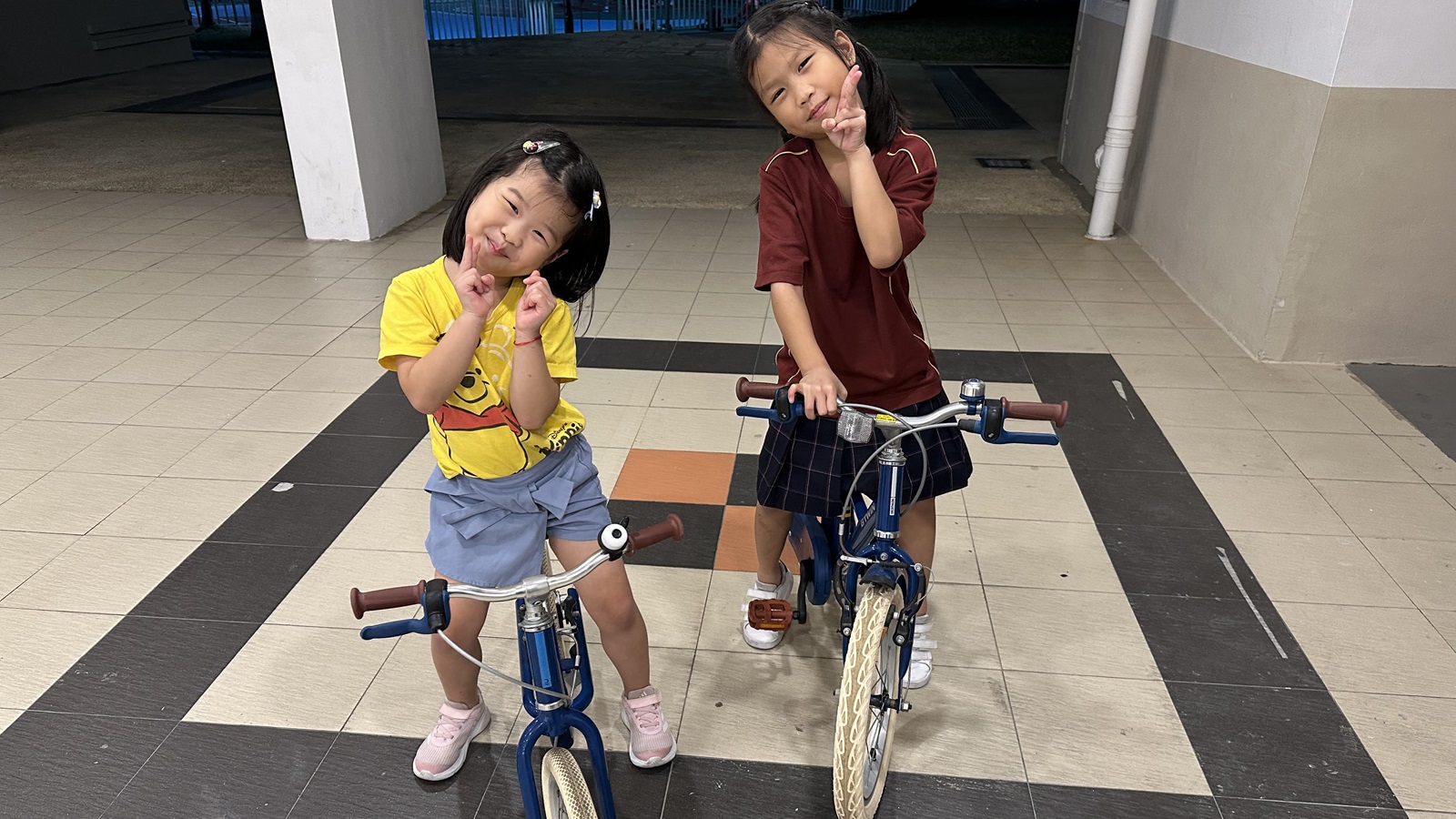 Two girls posing on bicycles