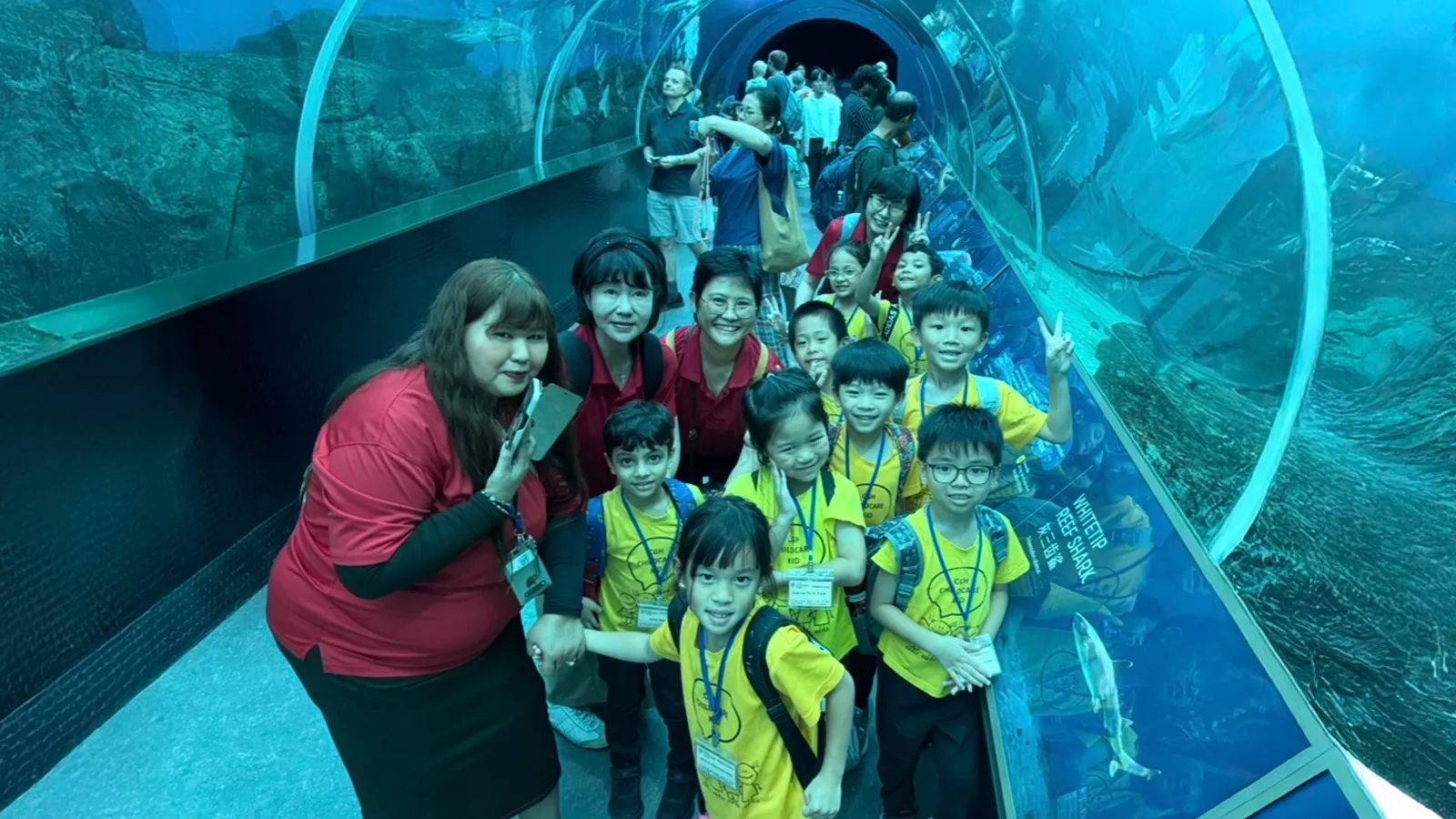 Brenda De Silva and her teachers happily pose with preschoolers for a photo at the aquarium, capturing a fun day out.