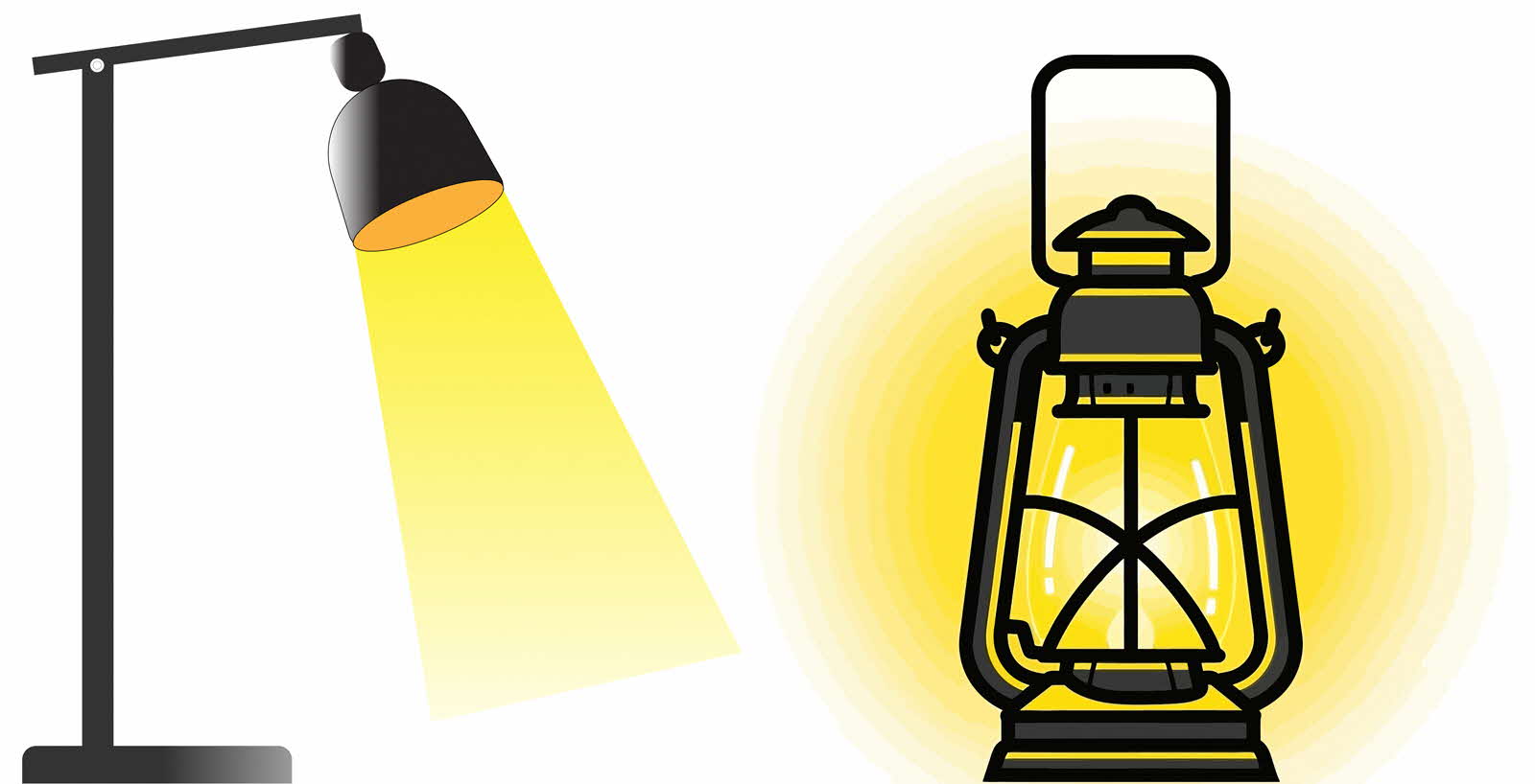 A spotlight and lantern displayed side by side, with the light beams revealing differences in how adults and infants learn.