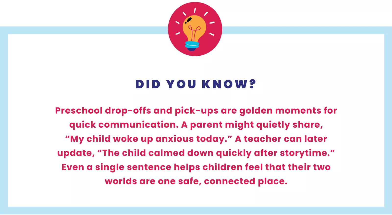 Tip on using preschool drop-offs and pick-ups to strengthen parent-preschool partnership for emotional learning.