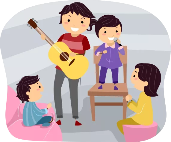 Illustration of children engaged in a music activity with an adult
