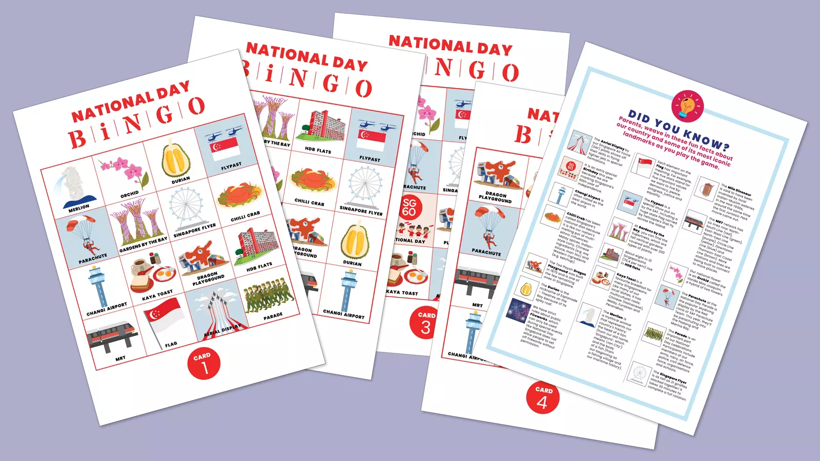 A set of National Day bingo cards featuring themed images and words for interactive play.