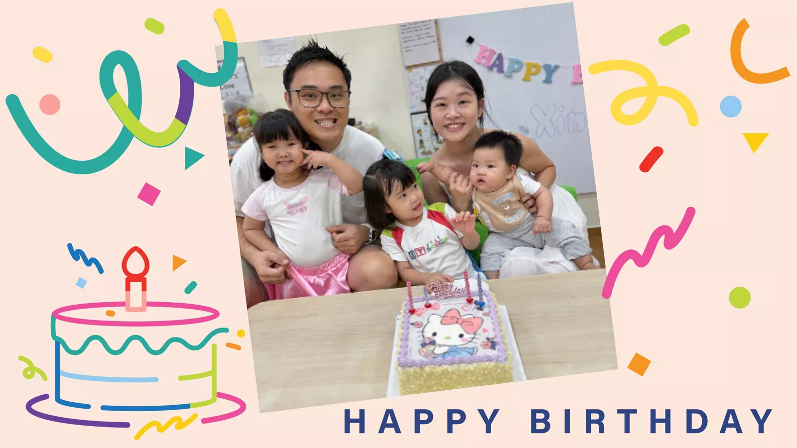 A family photo of Kow Bi Xia, her husband and children, taken during their middle child’s birthday party in preschool.